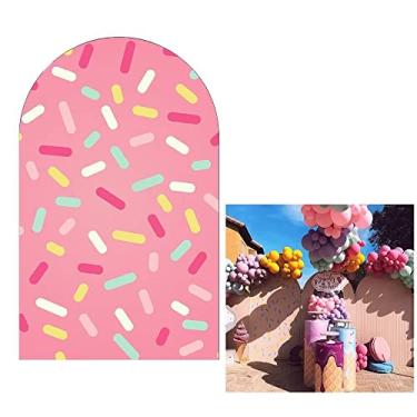 Imagem de KONPON Pink Sweet Sprinkles arco pano de fundo 0,9 x 2 m tema donuts doces capas arqueadas fundo elástico para decoração de festa chá de bebê meninas adereços de festa de aniversário W-6081