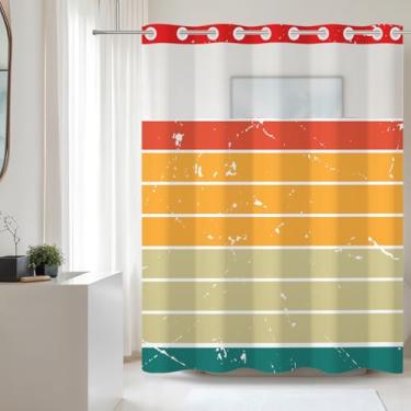 Imagem de Baocicco Conjunto de cortina de chuveiro arco-íris sem gancho, cortina de banheiro colorida de tecido de grão listrado com janela superior transparente estética moderna estilo hotel cortinas de