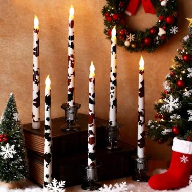 Imagem de Kittmip 6 peças de velas cônicas de Natal impressas em couro bovino sem chama, 28 cm de comprimento, operadas por pilhas, LED rústico, centro de mesa para decoração de festa de Natal, presentes