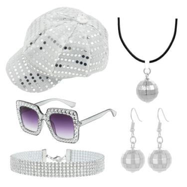 Imagem de WETEPUXI Conjunto de acessórios de fantasia de discoteca dos anos 70 e 80 com 5 peças, inclui brincos de chapéu de lantejoulas, colar e óculos de sol para mulheres