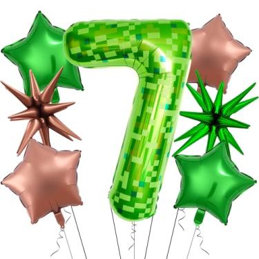 Imagem de 7Pcs 40 inch Green Pixel Pattern Number 7 Balloon Set with Exploding Star and Star Foil Balloons for Birthdays and Themed Parties