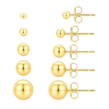 Imagem de Kit 5 Brincos Bolinha Banhados a Ouro 18k 3, 4, 6, 8 e 10mm - Papillon