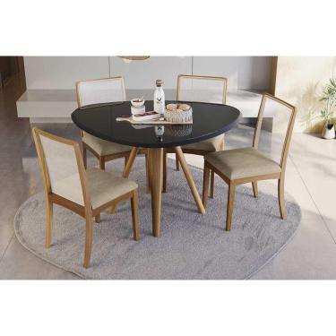 Imagem de Conjunto Sala de Jantar Duna Premium Madeira Maciça c/ Tampo Madeirado c/ Vidro 135x105cm e 4 Cadeiras Lara Carvalho/Preto - Boucle Bege Fendi-Kappesb