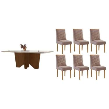 Imagem de Conjunto Sala de Jantar Nevada c/ Tampo Madeirado c/ Vidro Canto Curvo 180x90cm e 6 Cadeiras Maldivas Madeira Maciça Naturale/Off White - Capuccino/Li
