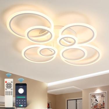 Imagem de Luminária de teto moderna regulável com controle remoto, 8 anéis, lustre redondo para quarto, sala de estar e sala de jantar, 3000 6000K, iluminação de teto embutida branca