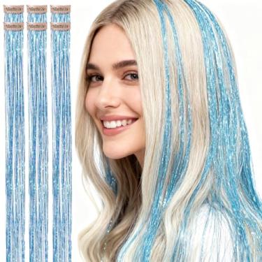 Imagem de CelineBella Cabelo de fada brilhante azul celeste com clipe no cabelo, 80 fios/peça, muito fofo para meninas, Natal, Ano Novo, festa de Halloween, evento de Smurfs