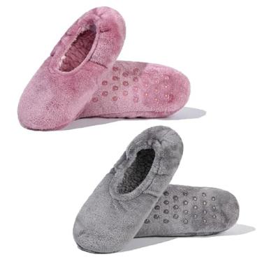 Imagem de GLENMEARL 2 pares de meias femininas com aderência, sola macia, antiderrapante, para o inverno, quente, casa, quarto, chinelos aconchegantes para uso interno, Rosa + cinza, 7.5-9.5