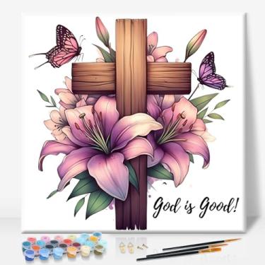 Imagem de Kit de pintura emoldurada por números para adultos iniciantes sem cavalete, pintura de flores cruzadas por números com moldura, kits de tintas religiosas para adultos por números em tela emoldurado