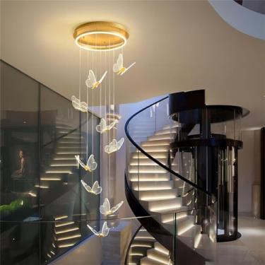Imagem de Lustre moderno de alumínio LED grande escadaria luz pendente borboleta acrílico regulável lâmpada suspensa altura ajustável teto alto luminária adequada para sala de estar villa quarto foye