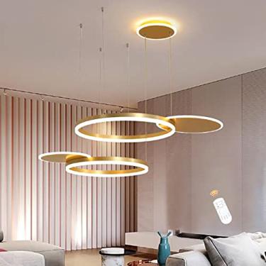 Imagem de Luminária pendente dourada moderna regulável com controle remoto para sala de estar, sala de jantar, quarto, lustre redondo de acrílico circular, lâmpada de teto de 100 cm