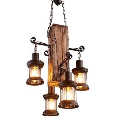 Imagem de Lustre de madeira industrial vintage com cúpula de vidro, luminária de teto suspensa retrô para quarto, restaurante, bar, cafeteria, 4 cabeças, suporte de lâmpada E27, moldura de gaiola, dec