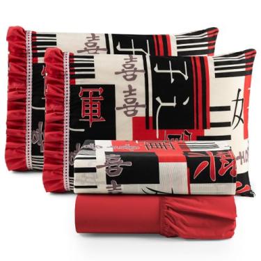 Imagem de Jogo Cama Lençol Fiore Queen Estampado 180 Fios 100% Algodão com Babadinho 4 Peças Vermelho Oriental Japonês