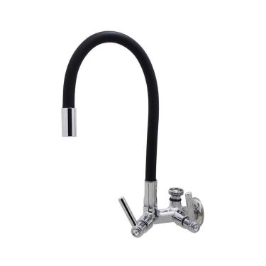 Imagem de Torneira Pia Cozinha Tanque Mesa Parede Duas Saídas Mangueira Tubo Flexível Preto Metal Luxo