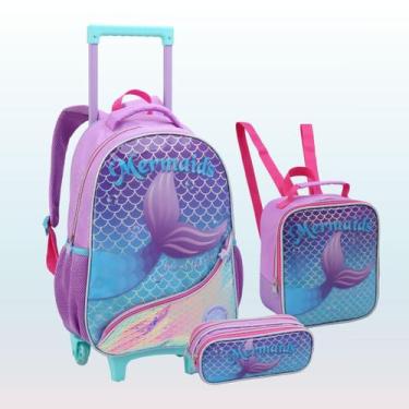 Imagem de Kit Mochila de Rodinha Infantil Escolar Feminina Sereia Princesa Lanch
