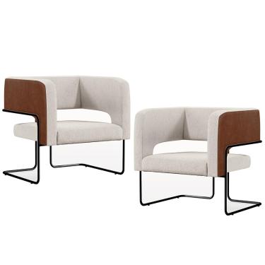 Imagem de Kit 02 Poltronas Scarlett D02 Base Aço Preto Couríssimo Marrom B-38 Linho Cru C-443 - Lyam Decor