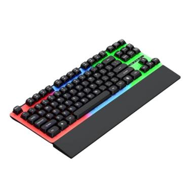 Imagem de Teclado Gamer com Fio USB 87 Teclas com Iluminação Colorida E-Sports de Membrana com Toque Mecânico e Apoio de Pulso Removível Layout US (Branco e Preto)