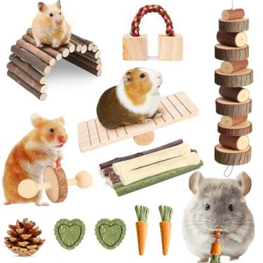 Imagem de Kagoty Conjunto de 18 peças de brinquedos para mastigar hamster, brinquedos de porquinho da índia de madeira de maçã natural, acessórios de gaiola de hamster incluem ponte, gangorra, cenoura, palito