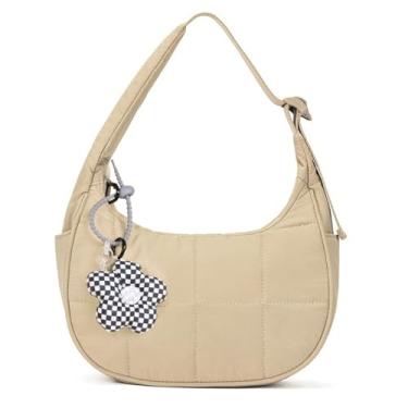 Imagem de Bolsa de ombro pequena acolchoada com tamanho crescente, bolsa de mão feminina acolchoada de nylon - bolsa de mão acolchoada com alça ajustável, Marrom