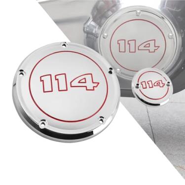 Imagem de HDBUBALUS Motocicleta CNC 5 Furos Derby Cover Timer Timing Cover para Harley Softail 114 117 Street Bob Fat Bob Low Rider Fat Boy Heritage Classic Breakout (cromado com número vermelho)