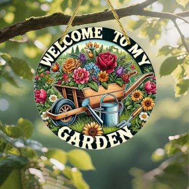 Imagem de Acrílico colorido Suncatcher, placa Welcome to My Garden, 18 cm, decoração de arte de parede com design de vitral impresso, ideia de presente e ornamento de jardim, uso interno e externo