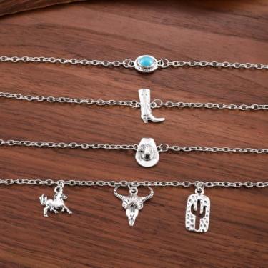 Imagem de 4 peças/conjunto de pulseira turquesa ocidental para mulheres, botas de vaqueira, cavalo, vaca, cacto, design, chapéu, joia tribal, ocidental, pulseira, empilhar, country, concerto