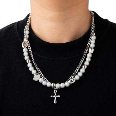 Imagem de Colares com pingente de cruz de pérola de camada dupla exagerada para mulheres, homens, estilo hop-hip prata, titânio, aço, empilhado, suéter, colar, acessórios versáteis, presente de aniversário
