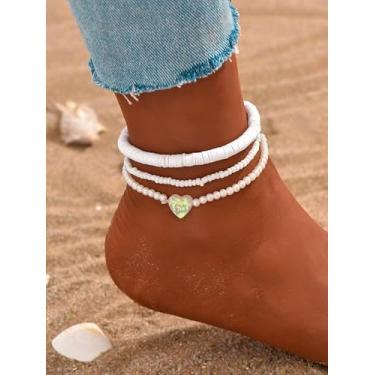 Imagem de Tornozeleira de coração com contas de argila macia em camadas, 3 peças, boêmia, verão, férias, praia, boho, chique, falsa, pérola, miçanga, vintage, pulseira de tornozelo na perna, acessórios para