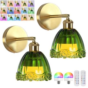 Imagem de Jaenmsa Arandela de parede vintage operada a bateria com coroa de flor verde abajur de vidro recarregável a bateria com controle remoto para cabeceira, quarto, banheiro, conjunto de 2