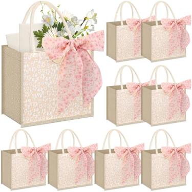 Imagem de Abbylike 8 peças sacola de estopa com cachecol floral juta bordado bolsa de mercearia para mulheres, casamento, dama de honra, presente de compras (floral cáqui)