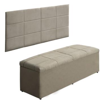 Imagem de Kit Cabeceira E Bau 1,38m Para Cama Casal Estofado Larissa Suede Bege - Aurora Line