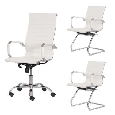 Imagem de Kit Cadeira De Escritório Presidente Stripes + 2 Cadeiras Interlocutor Fixa Branca Office