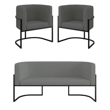 Imagem de Kit 2 Poltronas + Sofá 2 Lugares Base De Metal Black Veludo Cinza