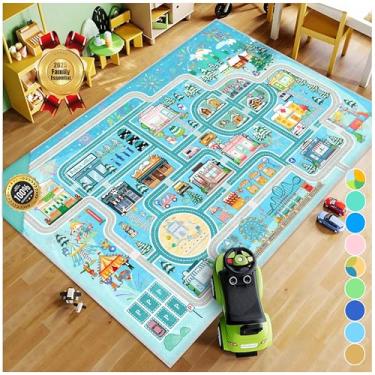 Imagem de Fuzorise Tapete de carro infantil, tapete de brincar para sala de jogos, tapete de estrada para berçário infantil, tapete lavável para quarto, tapete infantil para quarto de meninas e meninos (azul, 1
