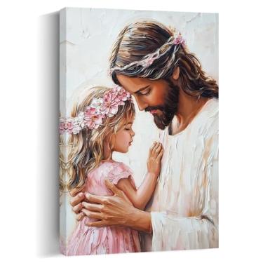 Imagem de QIXIANG Arte de parede em tela religiosa Jesus e menina oração impressões rosa pintura cristã presente de Natal Páscoa decoração de casa emoldurado (rosa, 60 cm C x 40 cm)