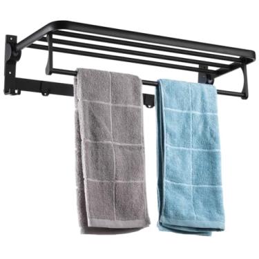 Imagem de Prateleira de toalha de banheiro preta fosca de 61 cm com 4 barras, suporte de toalha dobrável com 7 ganchos, organizador de armazenamento de toalhas montado na parede