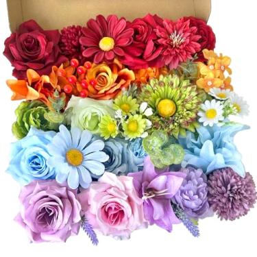 Imagem de Conjunto de caixa de flores artificiais coloridas, rosas de seda arco-íris com hastes de girassol, buquês de casamento, bolos falsos, arranjos florais para chá de bebê, mesa de festa, decoração de