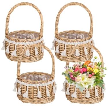 Imagem de Conjunto de 4 cestas florais de vime com alças, 13 x 19 cm para festas, jardinagem e mais