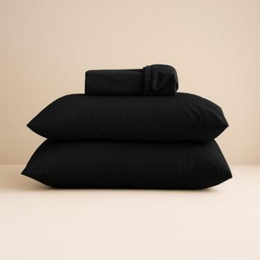 Imagem de Jogo de lençol 400 fios com fronha liso toque macio com elástico diversos tamanhos solteiro, casal, queen, king size (Preto, Solteiro)