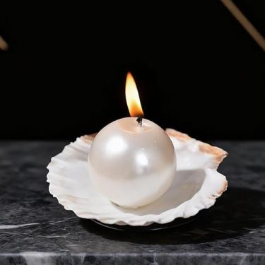 Imagem de Vela de pérola com base de concha – LIKEYO Ivory 5 cm perfumada bola redonda, pequena e elegante bola de cera sem fumaça para decoração de festa de aniversário de casamento em casa e celebração de