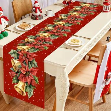 Imagem de Caminho de mesa de sinos de Natal, flocos de neve, ramos de pinheiro, sinos dourados, decoração de mesa retangular de Natal para jantar de festa em casa ao ar livre