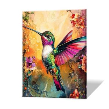 Imagem de Arte de parede moderna de 30,5 x 40,6 cm, emoldurada, para sala de estar, quarto, banheiro, escritório, decoração de casa, beija-flor colorido cercado por flores, imagens em tela