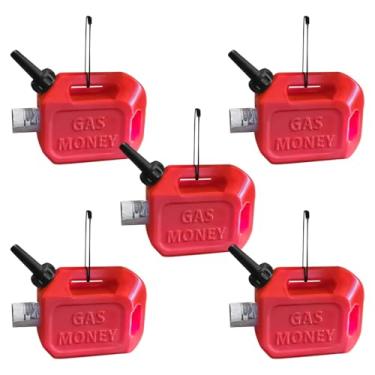 Imagem de Pacote com 5 enfeites de Natal de lata de gás vermelha, decorações de árvore de férias em miniatura, design exclusivo de lata de jerry, conjunto de enfeites de banco de dinheiro para o Natal