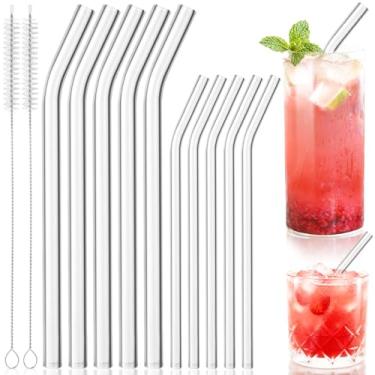 Imagem de Yomarket Pacote com 10 canudos de vidro dobrados reutilizáveis de 20 x 8 mm e 22 x 12 mm com 2 escovas de limpeza, canudos transparentes reutilizáveis para smoothies, milkshake, coquetéis, chá, suco