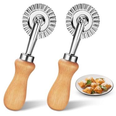 Imagem de 2 peças de roda de cortador de massa de aço inoxidável canelada, roda de cortador de ravioli com cabo de madeira, crimpador de pastelaria para cozinha doméstica
