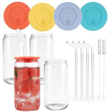 Imagem de LUVCOSY Conjunto de 4 peças de copos Dringking com tampa de silicone e palha, copos de café gelado de 473 ml para mulheres e meninas, copo de vidro fofo com tampa e canudos, presente para Natal