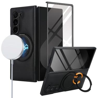 Imagem de XKchatpt Capa para Samsung Galaxy Z Fold 6, suporte giratório de 360° com protetor de tela, couro PU suporta carregamento sem fio, antichoque, capa antiqueda para Galaxy Z Fold 6 (preto)