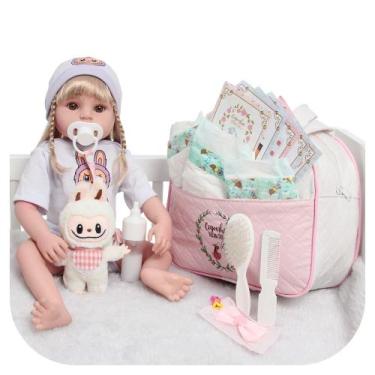 Imagem de Boneca Reborn Realista Loira 100% Silicone Bolsa Kit Itens - Cegonha R