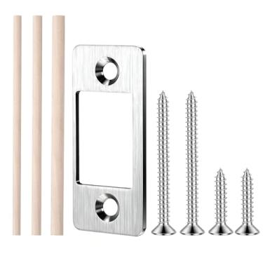 Imagem de Placa de ataque de fechadura, furo grande, moldura lateral estreita, placa traseira de aço inoxidável com parafusos tiras de madeira, correção de desalinhamento de fechadura para bloqueio eletrônico
