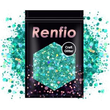 Imagem de Renfio Glitter holográfico grosso, 100 g (100 g) flocos de PET metálicos misturados em pó fino para artesanato resina pigmento vaso ornamento pintura cabelo corpo casamento decoração - laser turquesa