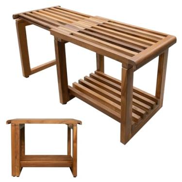 Imagem de KultureDeco Banco de chuveiro de teca [expansível de 43 cm a 76 cm] Banco de banheiro de madeira para chuveiro interno para sentar, cadeira de banho de madeira, banco de madeira